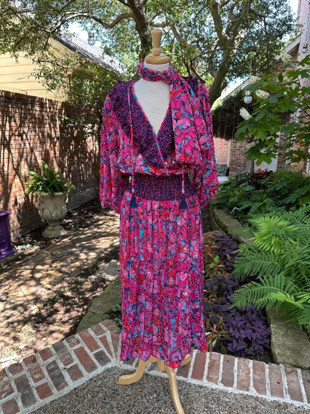 Vintage Diane Freis Floral Georgette Sequins Midi Dress 80s w Sash Sz M